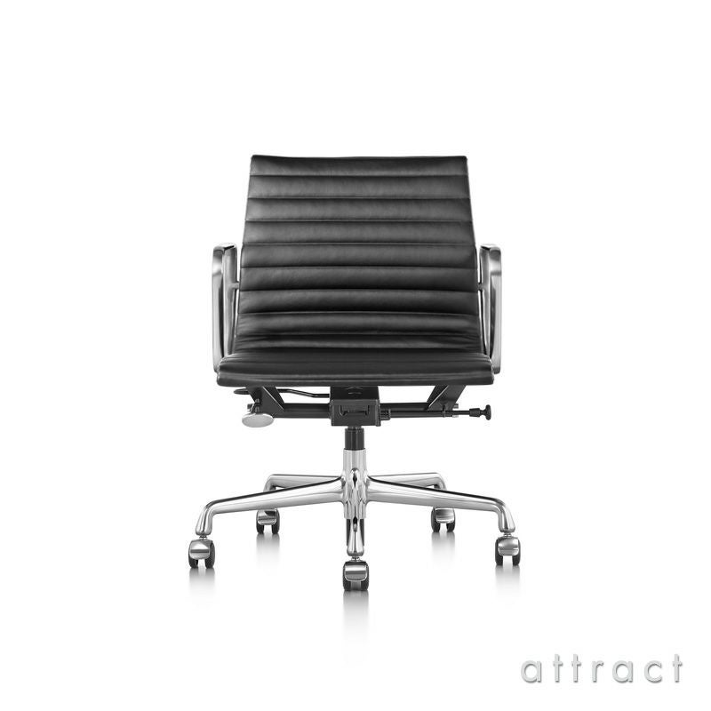 Herman Miller ハーマンミラー Eames Aluminum Group Chair イームズ アルミナムグループ マネジメントチェア 5本脚キャスター ガス圧シリンダー調整 アルミバフ 黒皮革 ブラックレザー デザイン：チャールズ＆レイ・イームズ