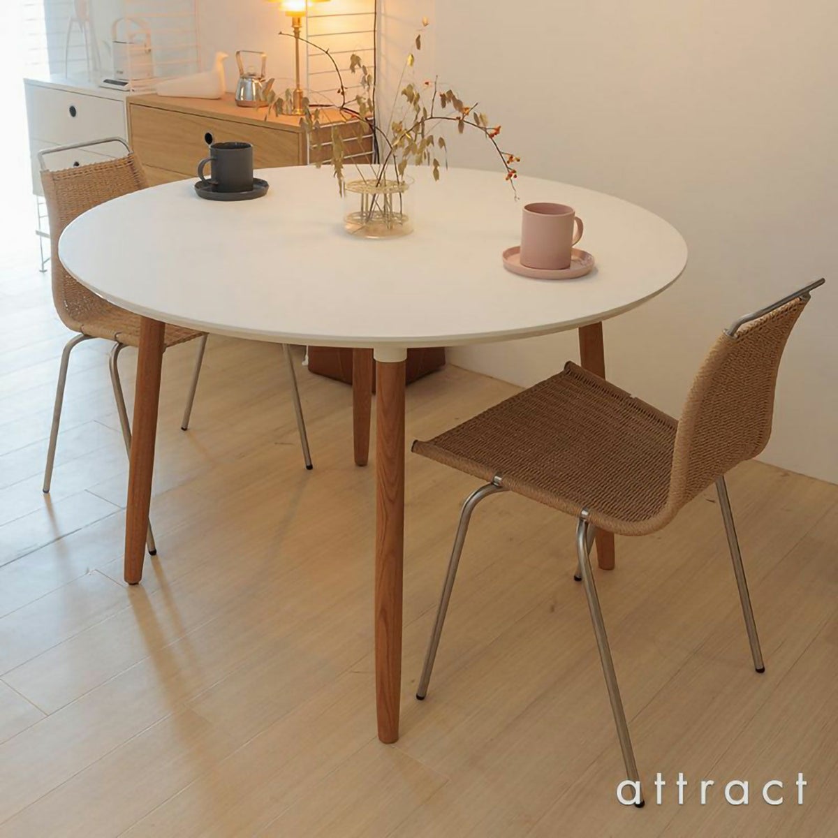 Carl Hansen & Son カール・ハンセン＆サン BA103 ダイニングテーブル Φ110cm ホワイトラミネート×オーク（オイルフィニッシュ） 1台 + PK1 ダイニングチェア ステンレスフレーム 2脚 セット