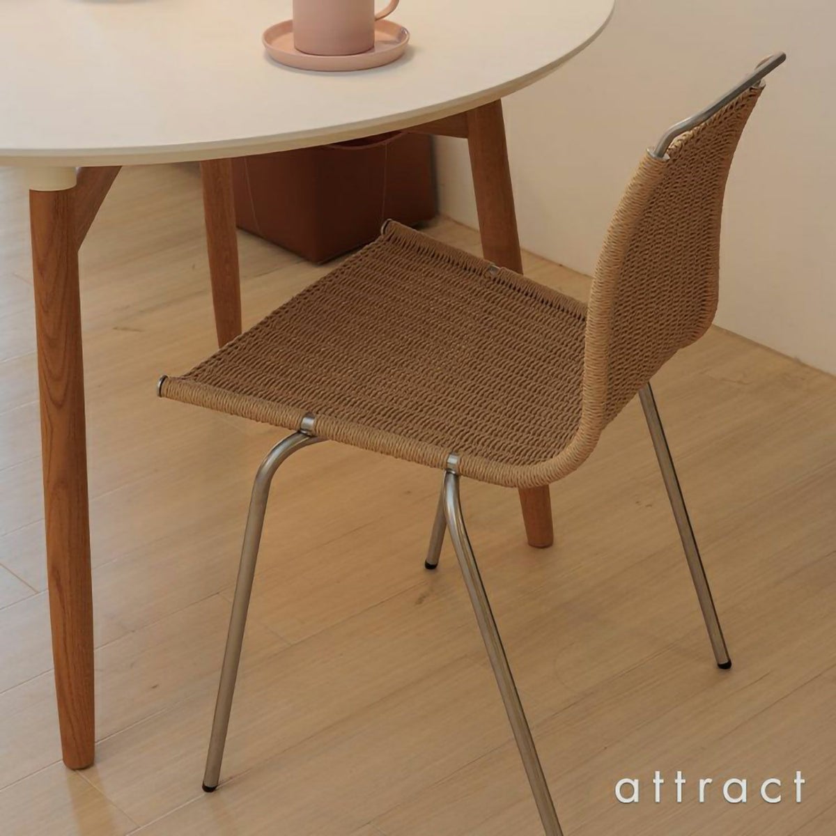 Carl Hansen & Son カール・ハンセン＆サン BA103 ダイニングテーブル Φ110cm ホワイトラミネート×オーク（オイルフィニッシュ） 1台 + PK1 ダイニングチェア ステンレスフレーム 2脚 セット